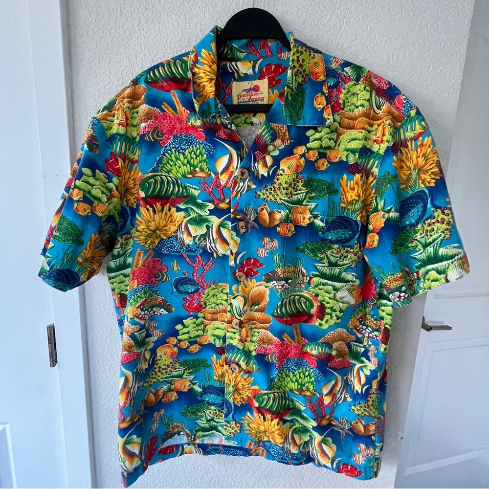 VTG Paradise On A Hanger Hawaiian Shirt LArge - Men blue sz L ocean/fish print